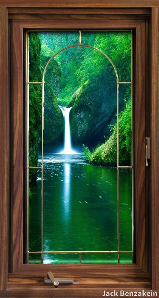 Arched wood casement window with waterfall view