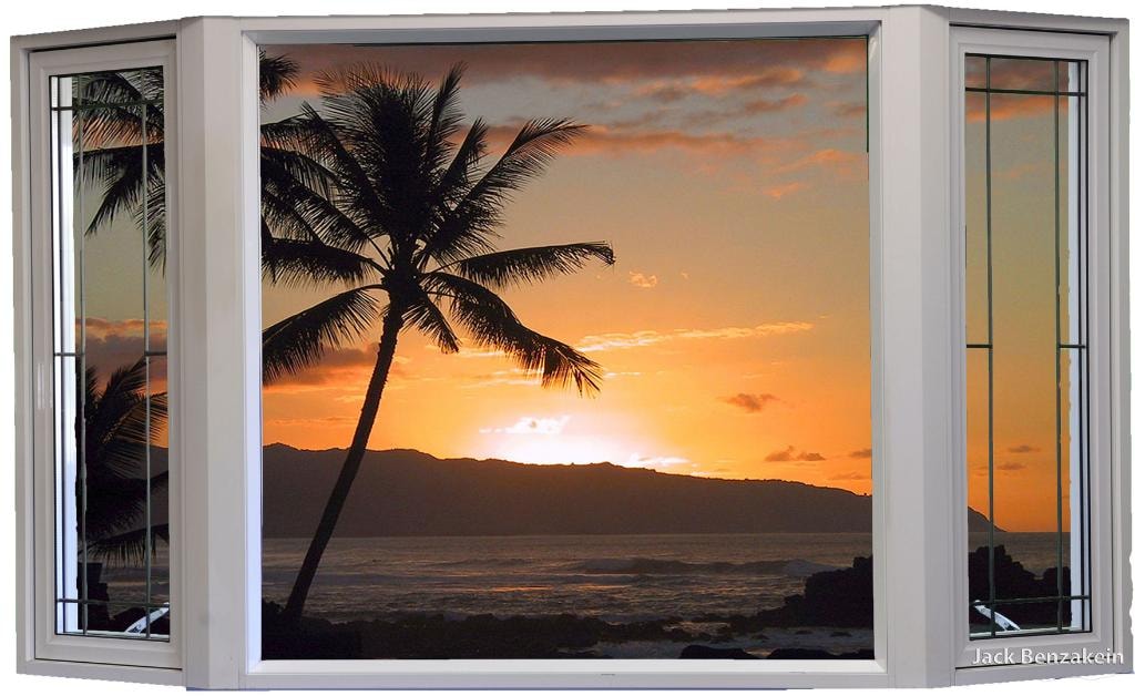Bay casement window tropical sunset